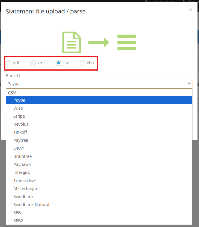 Bank statement import start window in Site.pro program